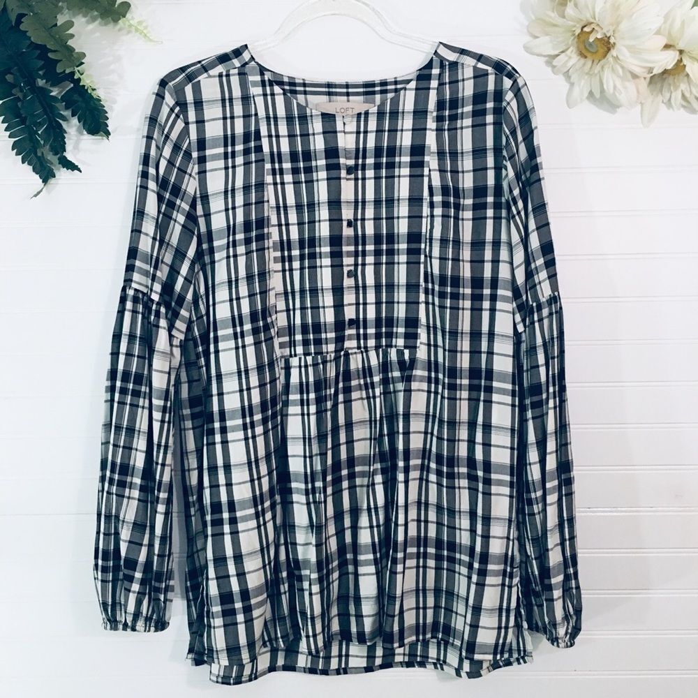 Loft Ann Taylor Plaid Poet Sleeve Blouse Size Small